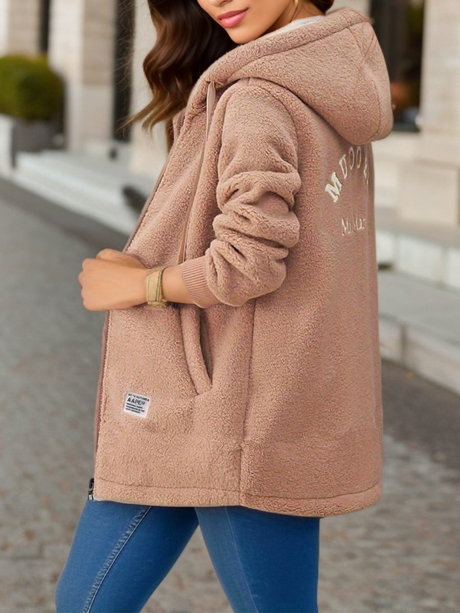 Winter Fleece Hooded Jacket Fashion Casual Zip-up Pockets Long Sweatshirt Warm Commuter Women's Clothing - Fourth Pyramid USA