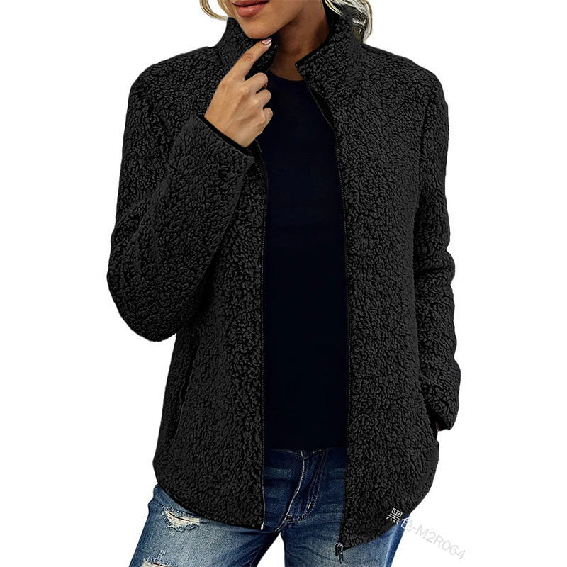 Fall Winter Warm Sweatshirt Stand Collar Solid Color Top Sweater Women's Casual Fashion Long Sleeve Zipper Bubble Velvet Coat Tops - Fourth Pyramid USA