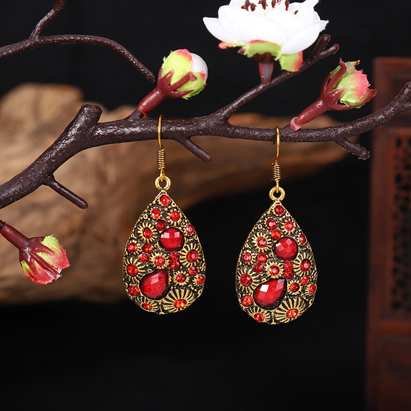 Water Drop Gem Diamond Ancient Ethnic Style Earrings Female Blue Black
