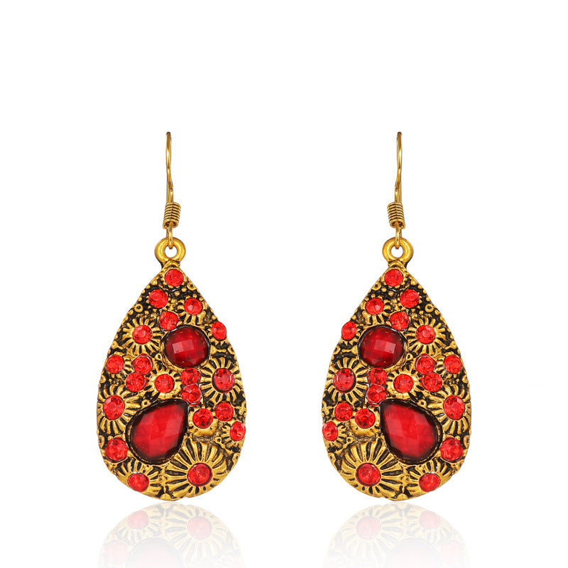 Water Drop Gem Diamond Ancient Ethnic Style Earrings Female Blue Black