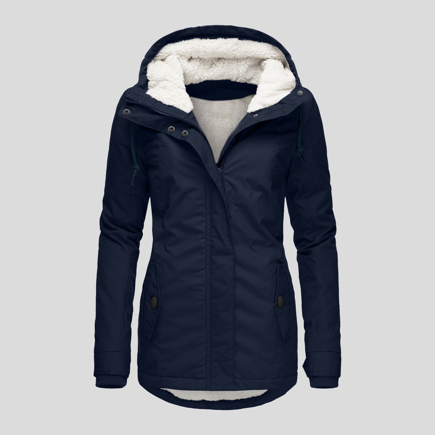 Winter Hooded Jacket Solid Color Warm Buckle Zip-up Fleece Jacket With Pockets Women's Casual Jacket - Fourth Pyramid USA