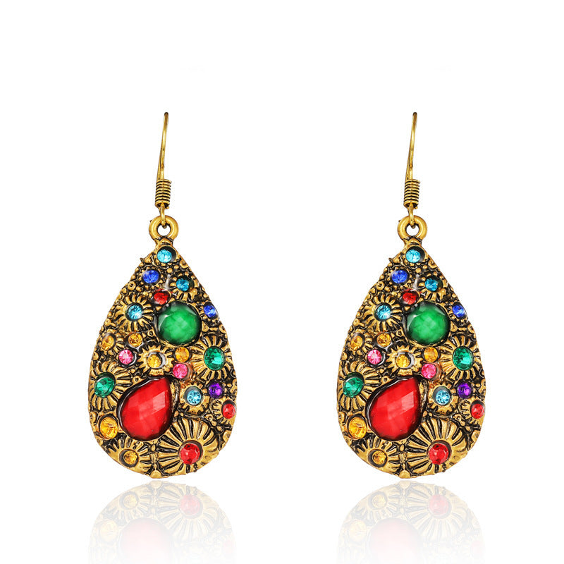 Water Drop Gem Diamond Ancient Ethnic Style Earrings Female Blue Black