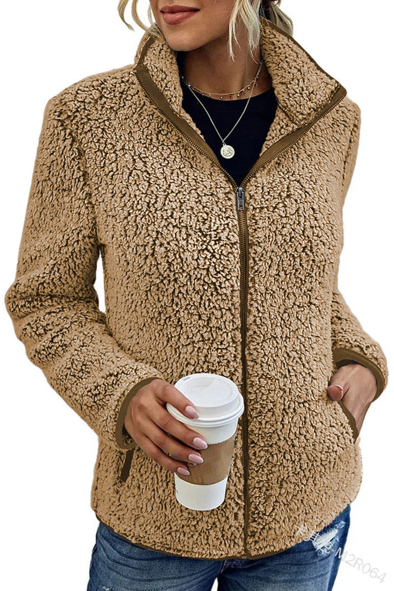 Fall Winter Warm Sweatshirt Stand Collar Solid Color Top Sweater Women's Casual Fashion Long Sleeve Zipper Bubble Velvet Coat Tops - Fourth Pyramid USA