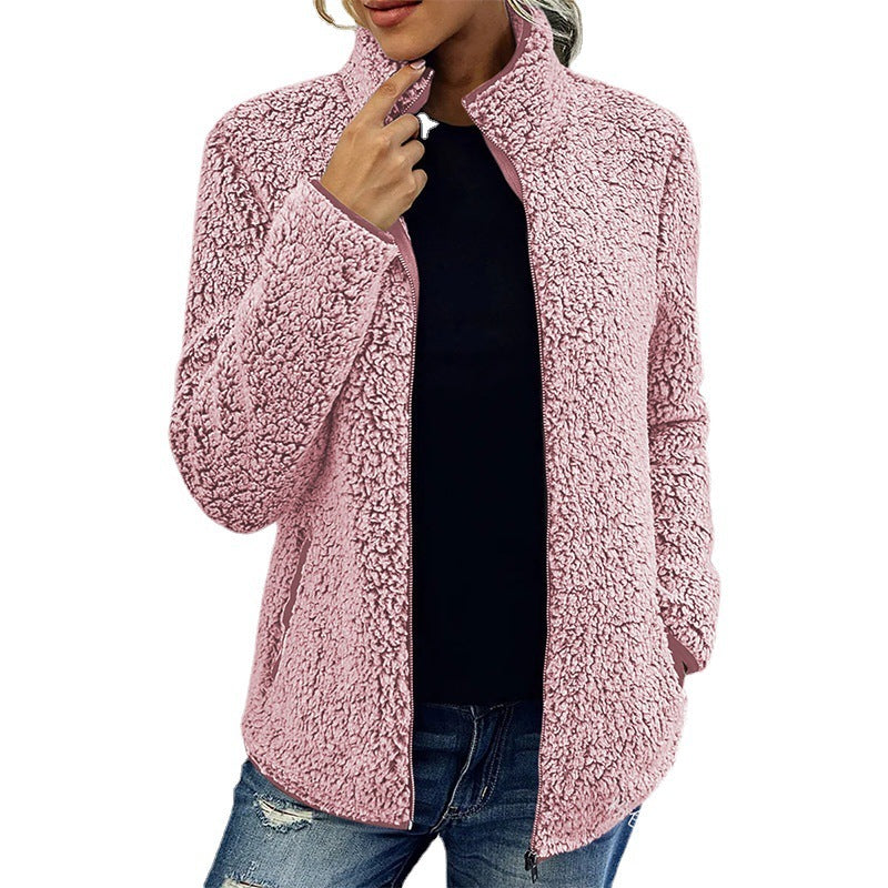 Fall Winter Warm Sweatshirt Stand Collar Solid Color Top Sweater Women's Casual Fashion Long Sleeve Zipper Bubble Velvet Coat Tops - Fourth Pyramid USA