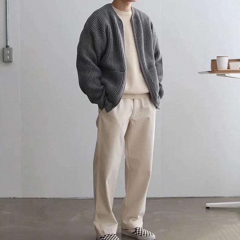 Men Zip Up Knitted Cardigan Lined Funnel Neck Jumper Sweater Pockets Coat All Seasons Comfortable Soft Long Sleeve - Fourth Pyramid USA
