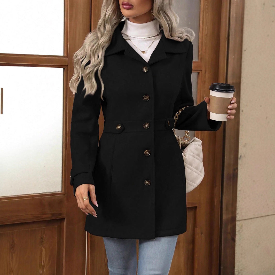 Elegant Single-breasted Woolen Coat Buttons Lapel Mid-length Jacket Temperament Commuter Outwear Clothing For Women - Fourth Pyramid USA