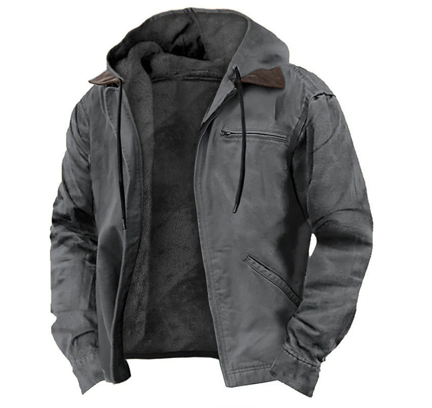 Winter Hooded Coat With Pockets Fashion Warm Fleece Zip-up Jacket Casual Outwear Men's Clothing - Fourth Pyramid USA