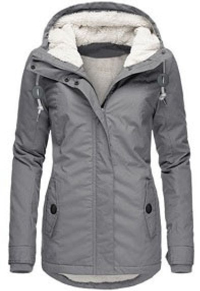 Winter Hooded Jacket Solid Color Warm Buckle Zip-up Fleece Jacket With Pockets Women's Casual Jacket - Fourth Pyramid USA
