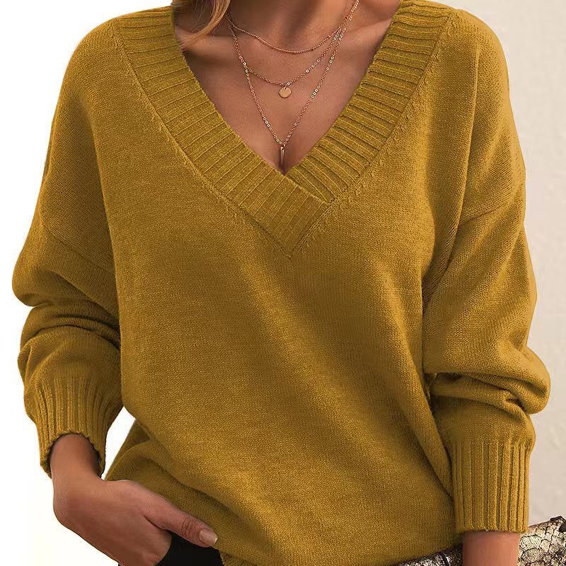 Solid V-neck Sweater Fashion Loose Long-sleeved Knitted Tops Autumn And Winter Women's Clothing - Fourth Pyramid USA