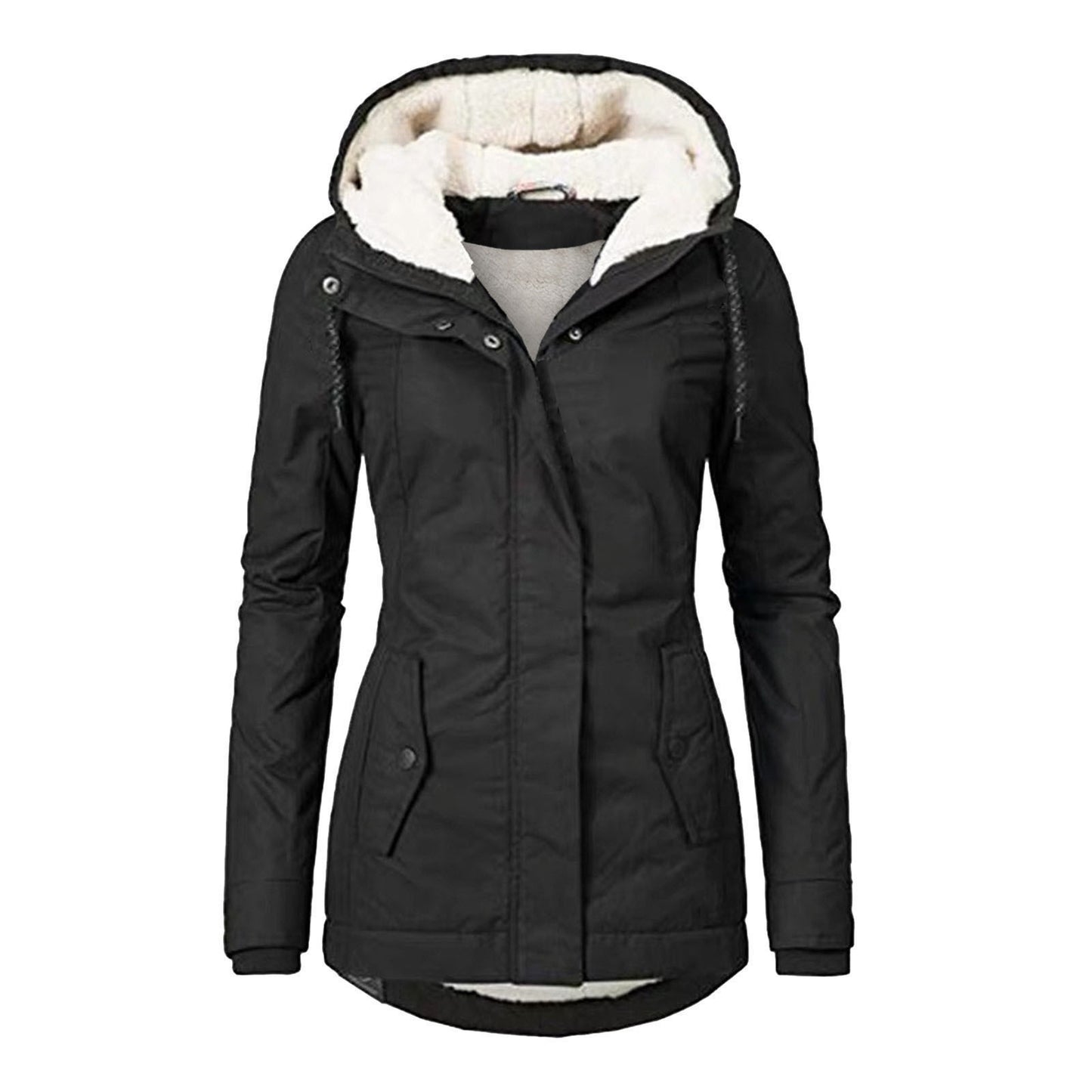 Winter Hooded Jacket Solid Color Warm Buckle Zip-up Fleece Jacket With Pockets Women's Casual Jacket - Fourth Pyramid USA