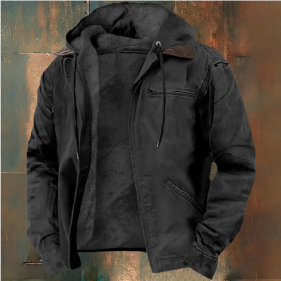Winter Hooded Coat With Pockets Fashion Warm Fleece Zip-up Jacket Casual Outwear Men's Clothing - Fourth Pyramid USA
