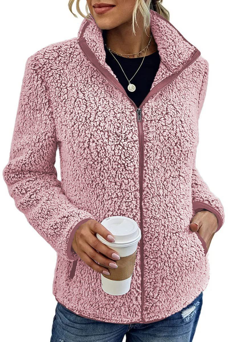 Fall Winter Warm Sweatshirt Stand Collar Solid Color Top Sweater Women's Casual Fashion Long Sleeve Zipper Bubble Velvet Coat Tops - Fourth Pyramid USA