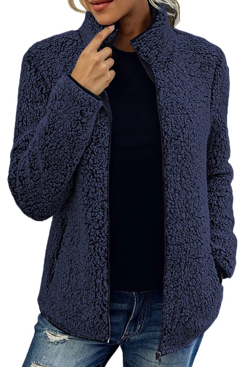 Fall Winter Warm Sweatshirt Stand Collar Solid Color Top Sweater Women's Casual Fashion Long Sleeve Zipper Bubble Velvet Coat Tops - Fourth Pyramid USA