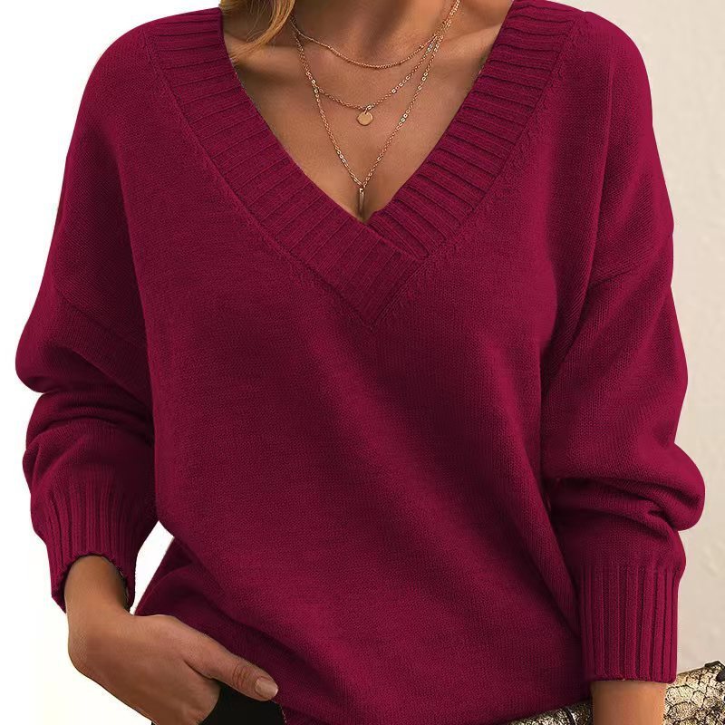 Solid V-neck Sweater Fashion Loose Long-sleeved Knitted Tops Autumn And Winter Women's Clothing - Fourth Pyramid USA