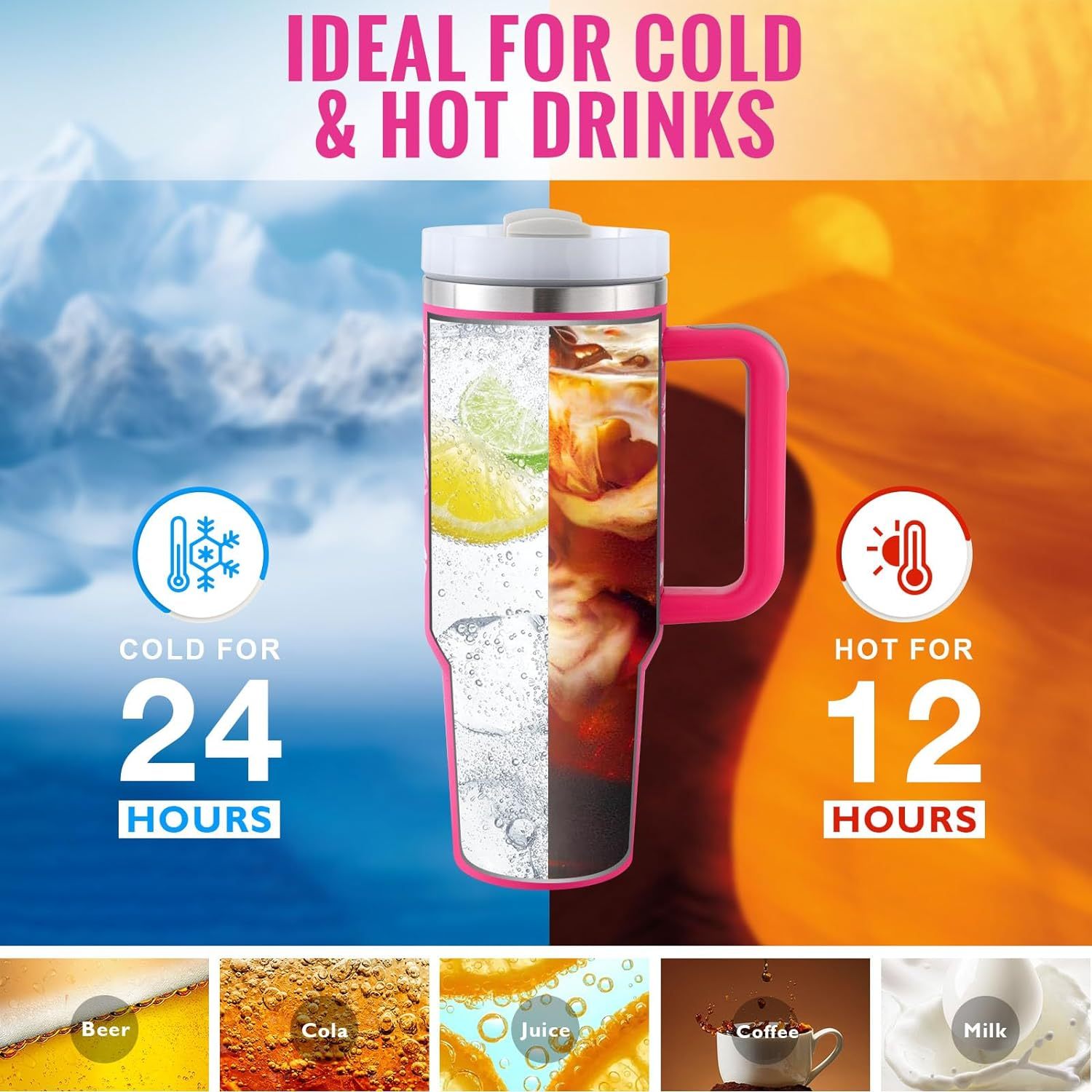 40 Oz Tumbler With Handle Straw Insulated, Stainless Steel Spill Proof Vacuum Coffee Cup Tumbler With Lid Tapered Mug Gifts For Valentine Lover Suitable For Car Gym Office Travel - Fourth Pyramid USA