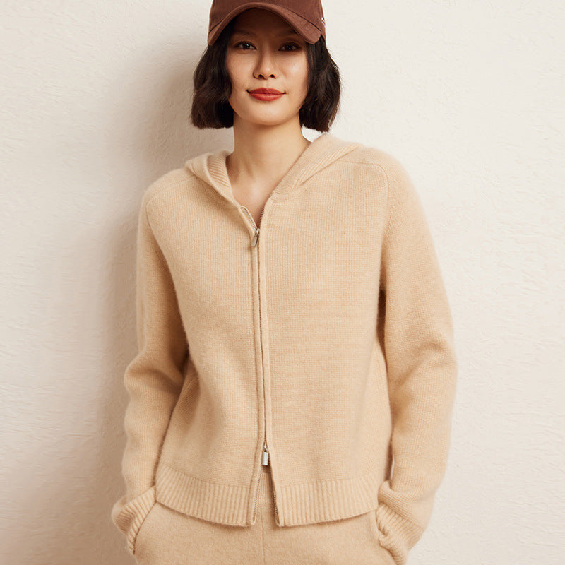 Women's Cashmere Hooded Zip Cardigan Sweater - Fourth Pyramid USA