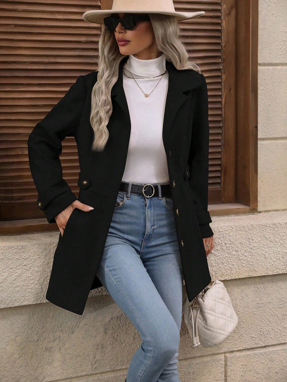 Elegant Single-breasted Woolen Coat Buttons Lapel Mid-length Jacket Temperament Commuter Outwear Clothing For Women - Fourth Pyramid USA