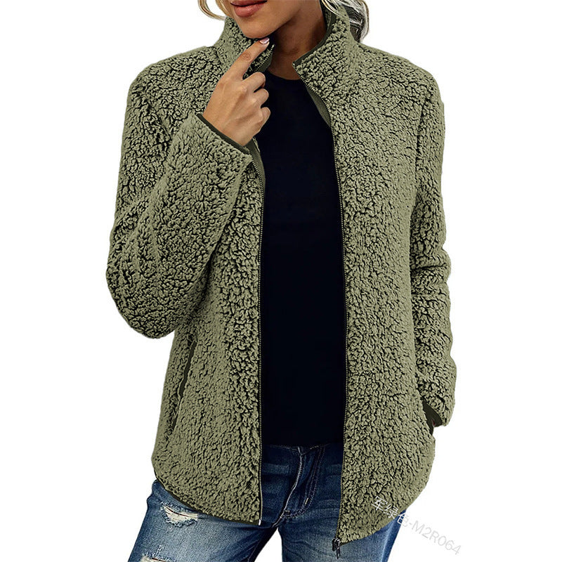 Fall Winter Warm Sweatshirt Stand Collar Solid Color Top Sweater Women's Casual Fashion Long Sleeve Zipper Bubble Velvet Coat Tops - Fourth Pyramid USA