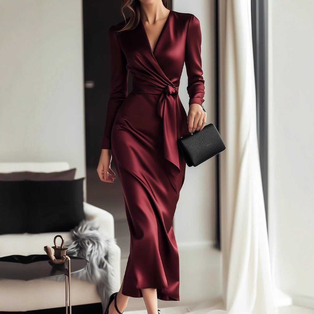 Fashionable Lady Satin Lace-up Waist Dress