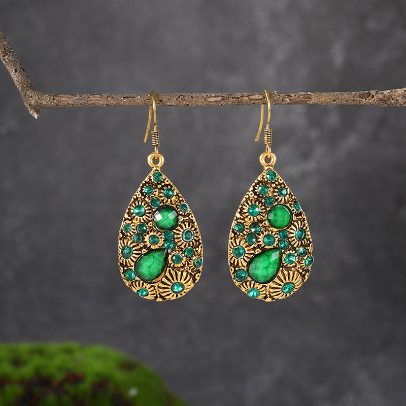 Water Drop Gem Diamond Ancient Ethnic Style Earrings Female Blue Black