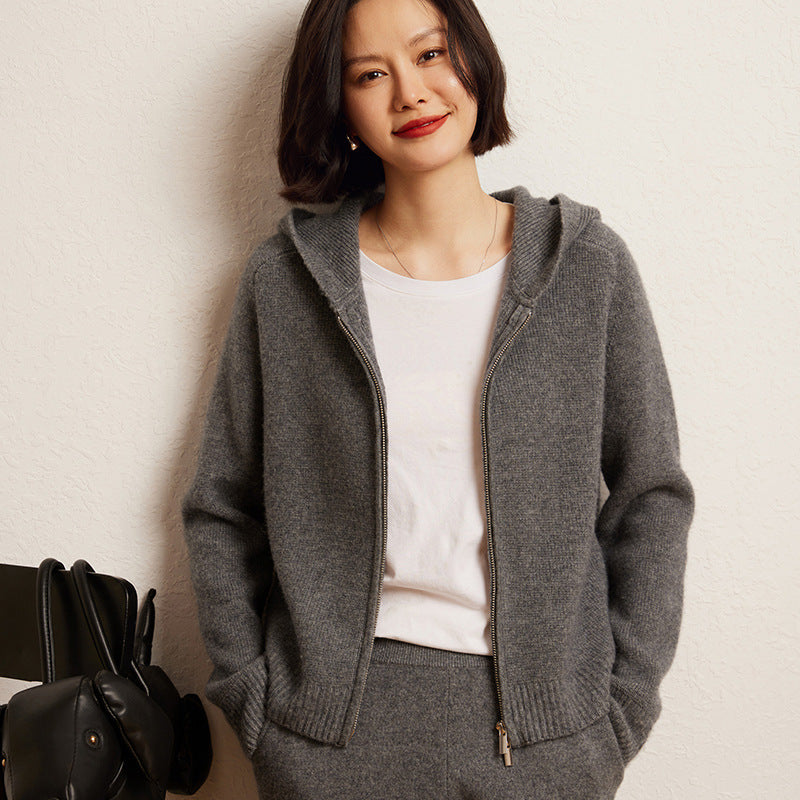 Women's Cashmere Hooded Zip Cardigan Sweater - Fourth Pyramid USA