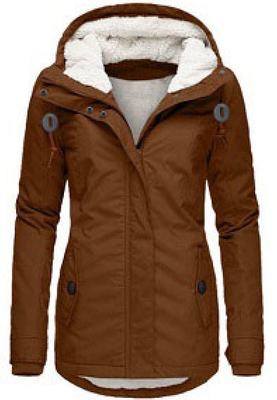 Winter Hooded Jacket Solid Color Warm Buckle Zip-up Fleece Jacket With Pockets Women's Casual Jacket - Fourth Pyramid USA