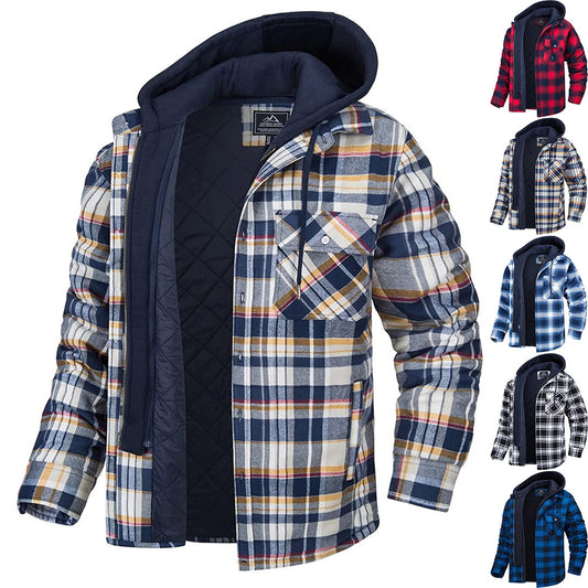 Men's Plaid Hooded Coat Winter Warm Button Zip-up Jacket Fashion Casual Thick Padded Long Sleeves Outerwear Clothing - Fourth Pyramid USA