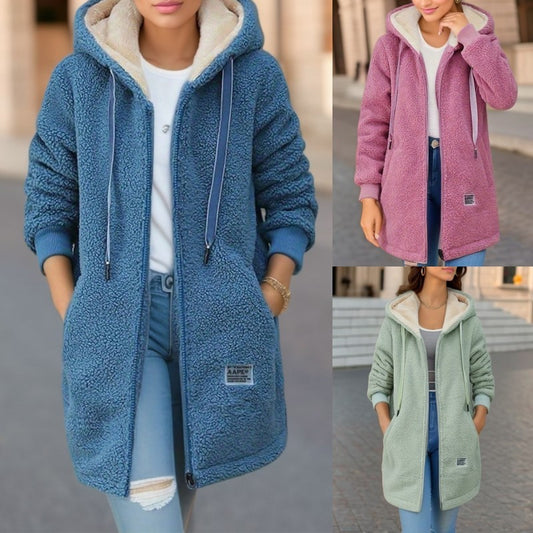 Winter Fleece Hooded Jacket Fashion Casual Zip-up Pockets Long Sweatshirt Warm Commuter Women's Clothing - Fourth Pyramid USA