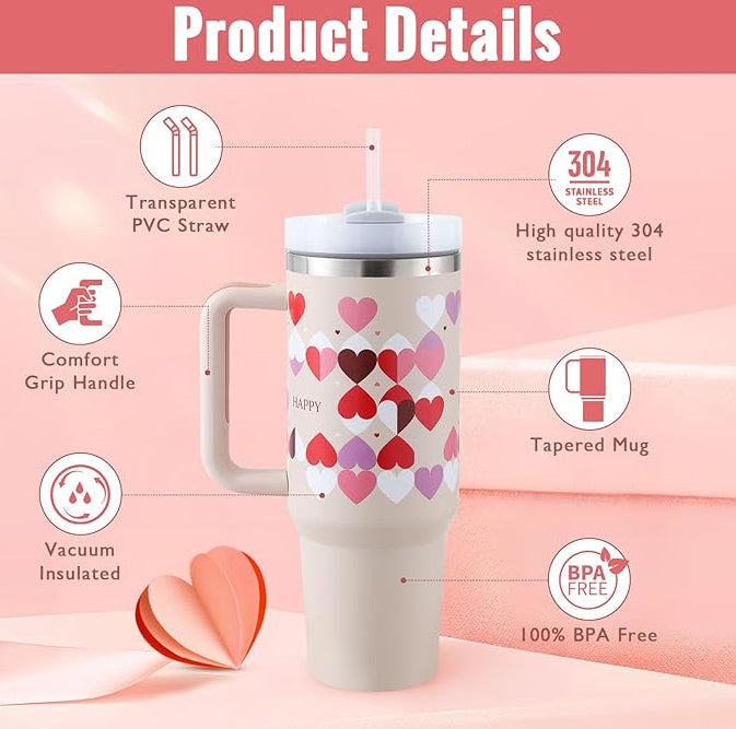 40 Oz Tumbler With Handle Straw Insulated, Stainless Steel Spill Proof Vacuum Coffee Cup Tumbler With Lid Tapered Mug Gifts For Valentine Lover Suitable For Car Gym Office Travel - Fourth Pyramid USA