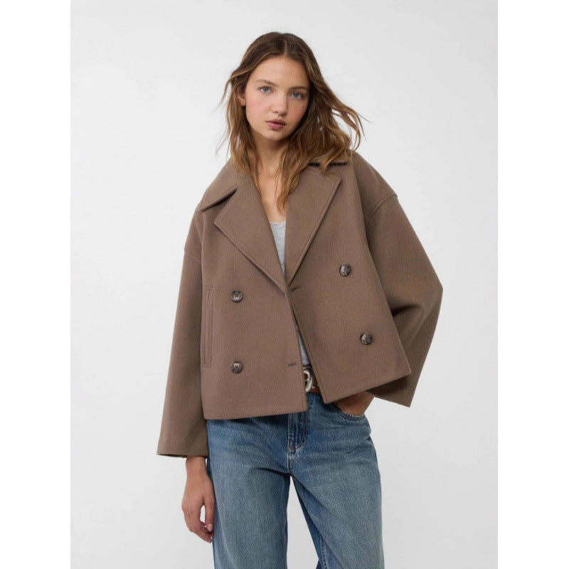 Ins Double-breasted Lapel Blazer Jacket Fashion Loose Woolen Short Coat Elegant Commuting Women's Clothing - Fourth Pyramid USA