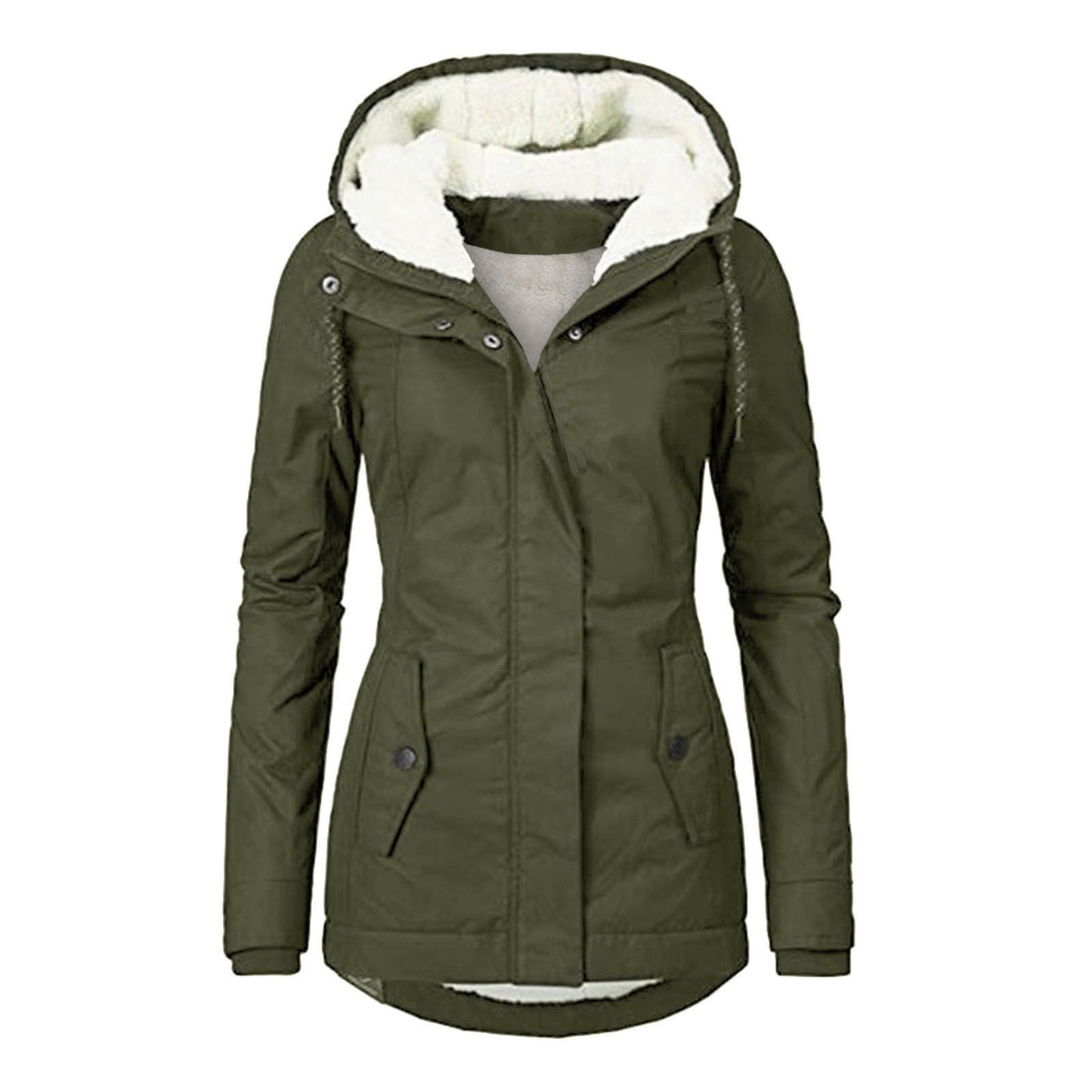 Winter Hooded Jacket Solid Color Warm Buckle Zip-up Fleece Jacket With Pockets Women's Casual Jacket - Fourth Pyramid USA