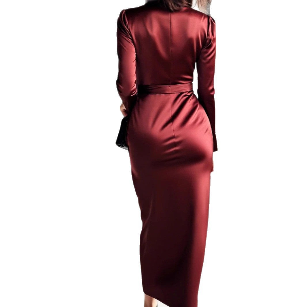 Fashionable Lady Satin Lace-up Waist Dress