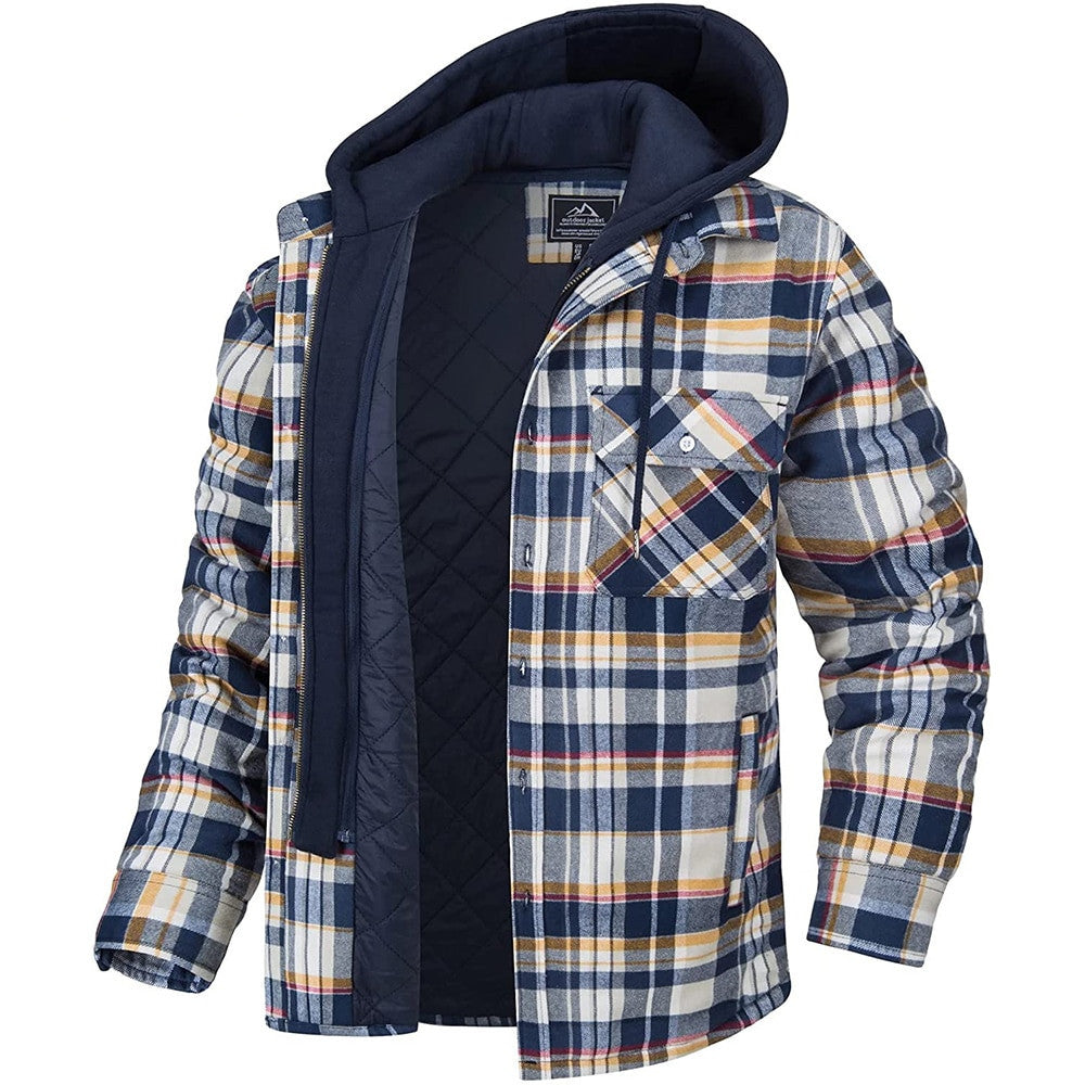 Men's Plaid Hooded Coat Winter Warm Button Zip-up Jacket Fashion Casual Thick Padded Long Sleeves Outerwear Clothing - Fourth Pyramid USA