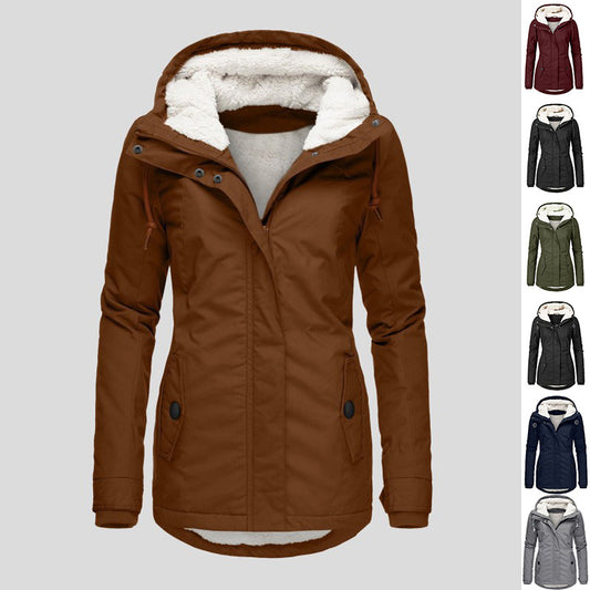 Winter Hooded Jacket Solid Color Warm Buckle Zip-up Fleece Jacket With Pockets Women's Casual Jacket - Fourth Pyramid USA