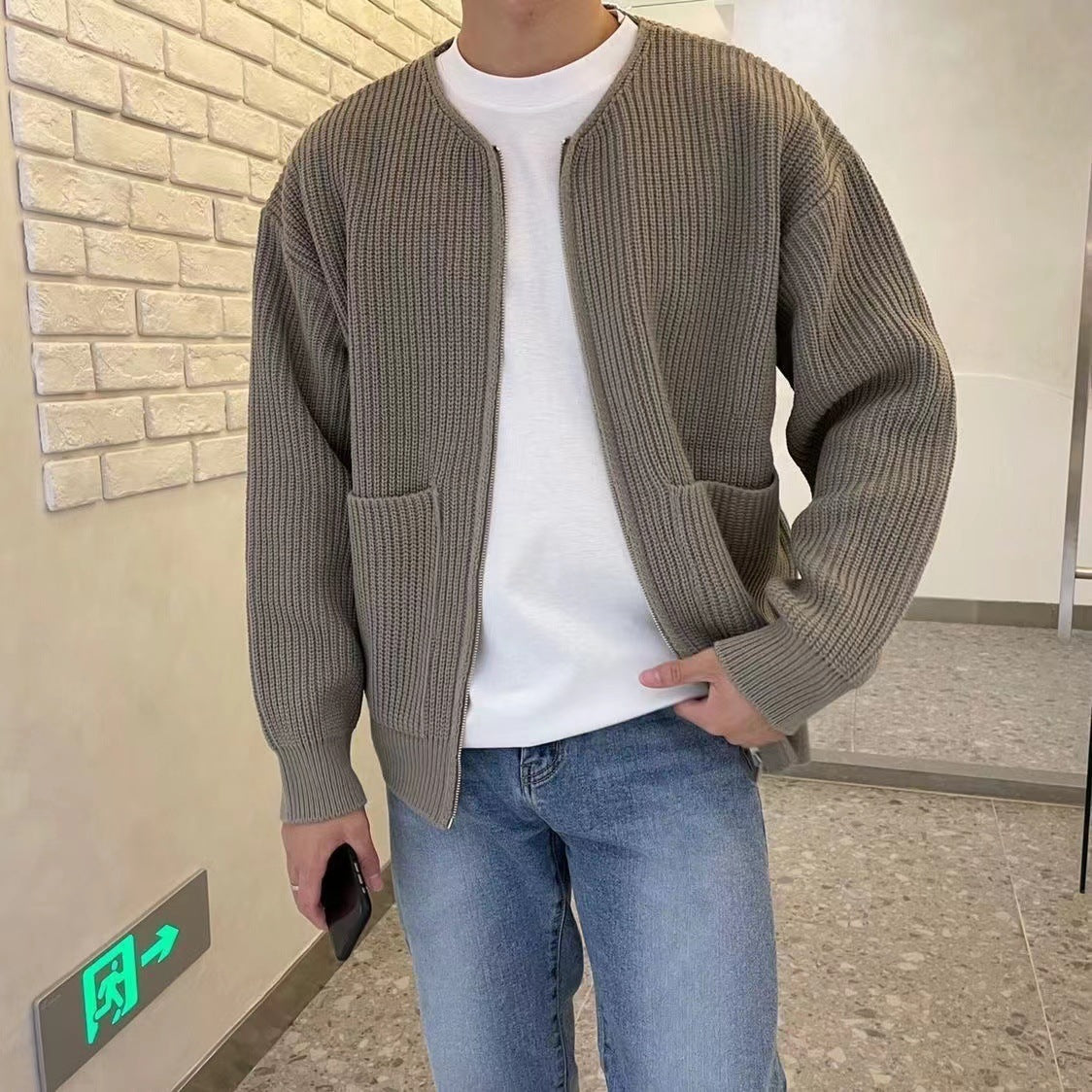 Men Zip Up Knitted Cardigan Lined Funnel Neck Jumper Sweater Pockets Coat All Seasons Comfortable Soft Long Sleeve - Fourth Pyramid USA